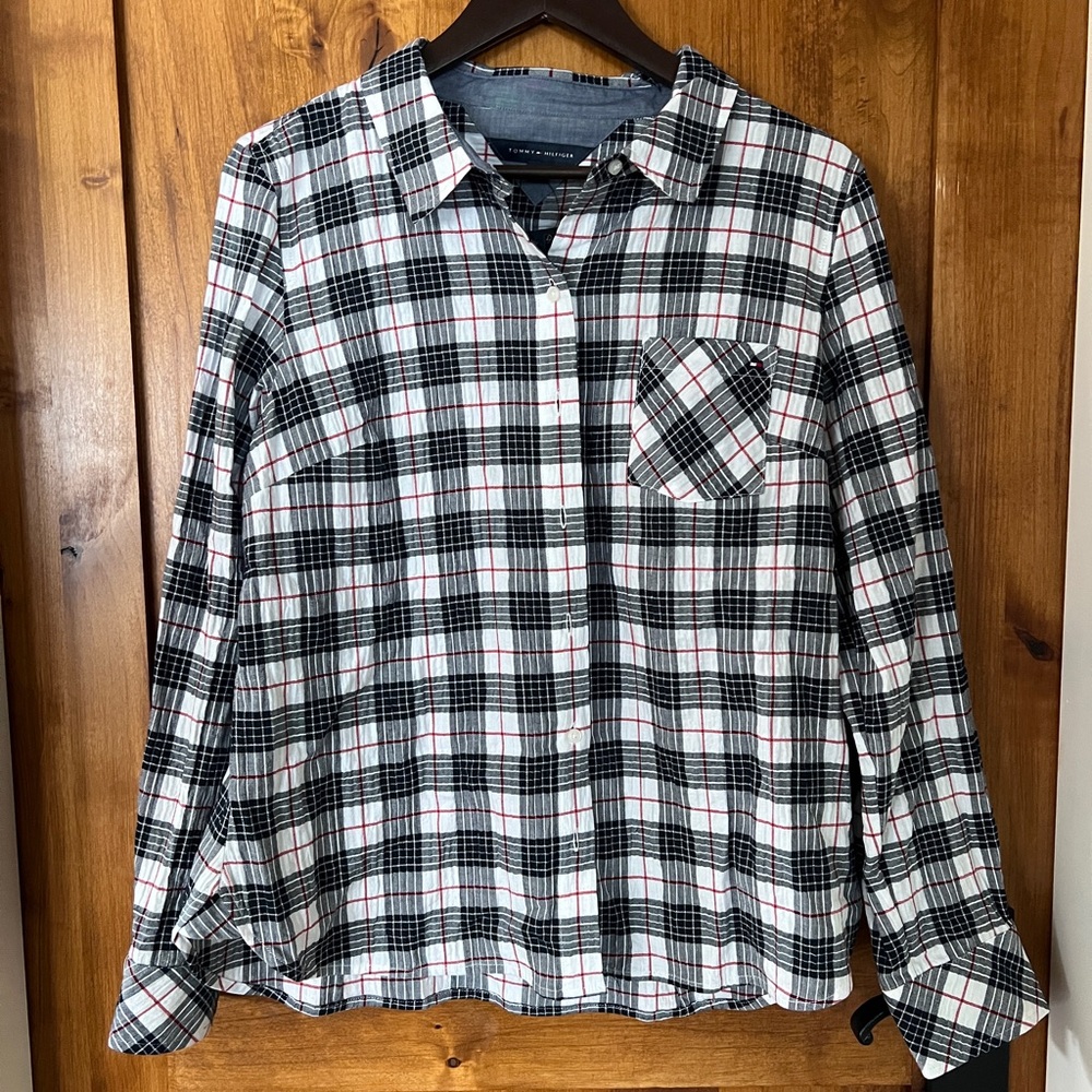 New W/tags- Tommy Hilfiger Navy, Red & White Plaid Button-Up Shirt